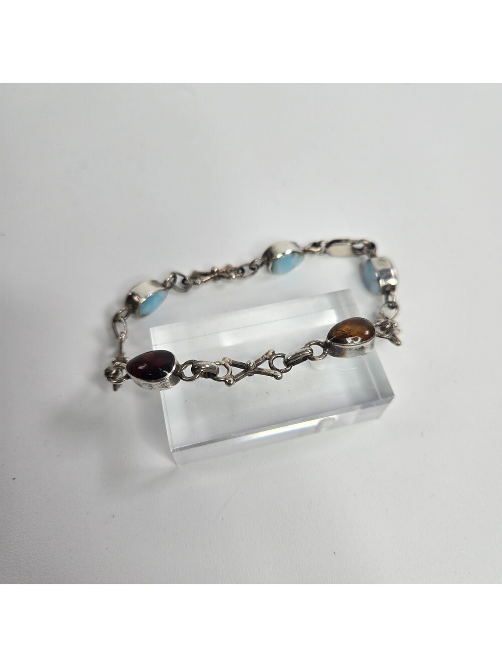 Sterling Silver Larimar Amber Reversible Bracelet Two Sided Artisan 7.5-8 Inch